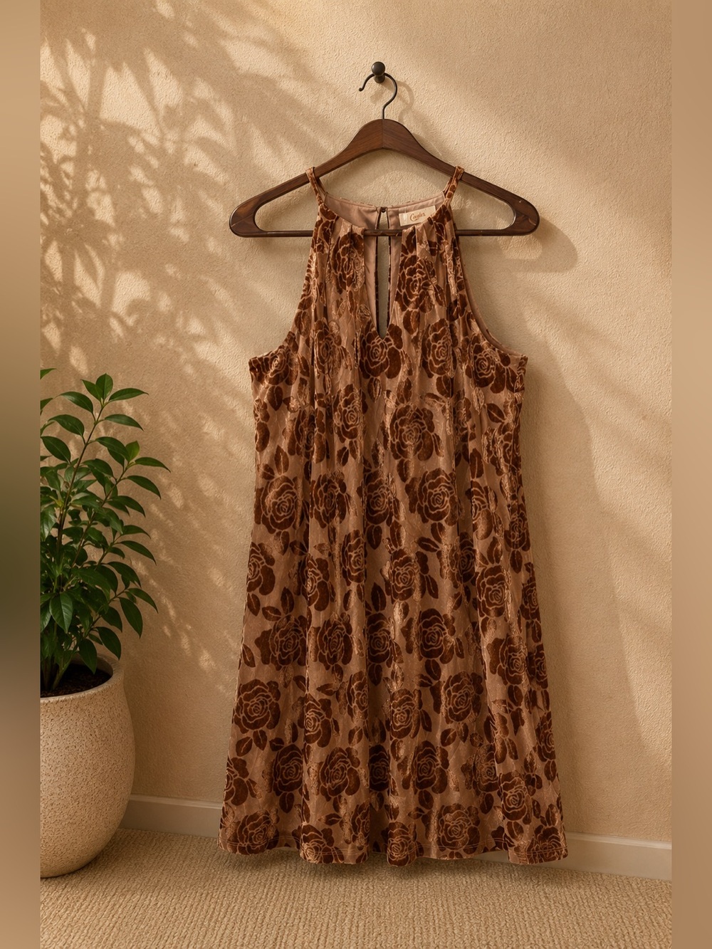 Y2K Candies True Mauve Mini Halter Dress Floral Velvet Print Lined Size S Barbie